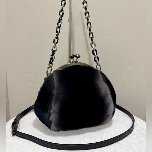 Black Gradient Handmade Real Rex Rabbit Fur Kiss-lock Shoulder Bag/Crossbody - Picture 7 of 14